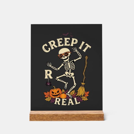Creep It Real Dansend Skelet Pompoen Bezem_1 Acryl Bord (Voorkant)