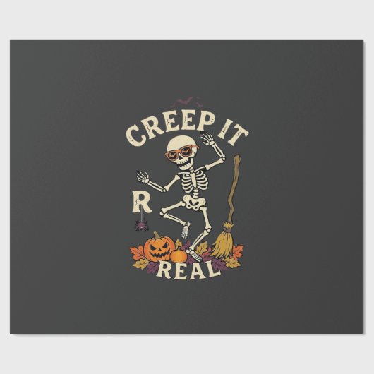 Creep It Real Dansend Skelet Pompoen Bezem_1 Cadeaupapier (Vlak)