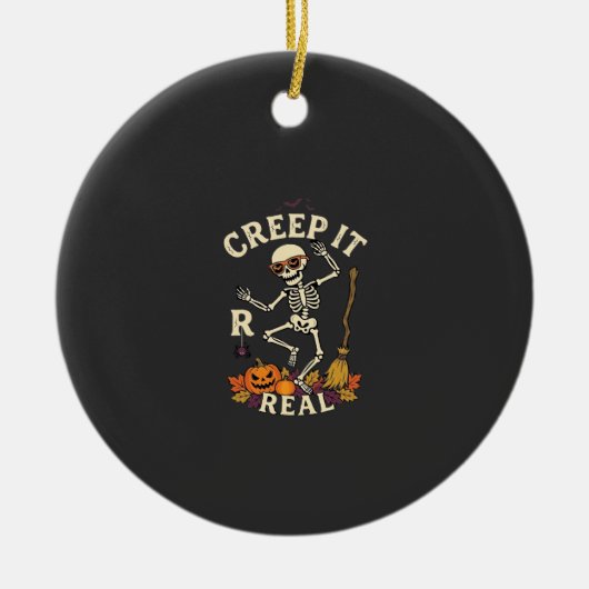 Creep It Real Dansend Skelet Pompoen Bezem_1 Keramisch Ornament (Voorkant)