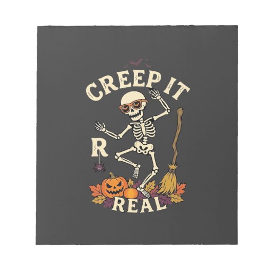 Creep It Real Dansend Skelet Pompoen Bezem_1 Notitieblok (Voorkant)