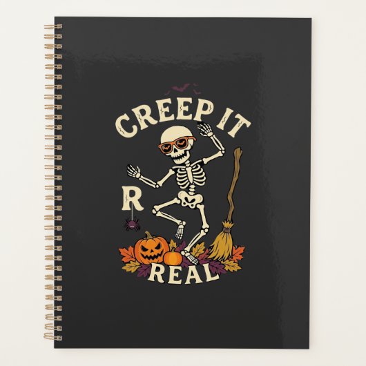 Creep It Real Dansend Skelet Pompoen Bezem_1 Planner (Voorkant)