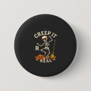 Creep It Real Dansend Skelet Pompoen Bezem_1 Ronde Button 5,7 Cm