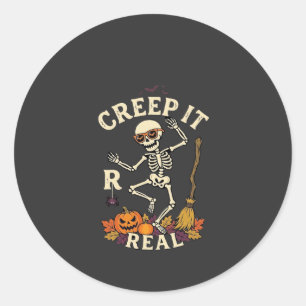 Creep It Real Dansend Skelet Pompoen Bezem_1 Ronde Sticker