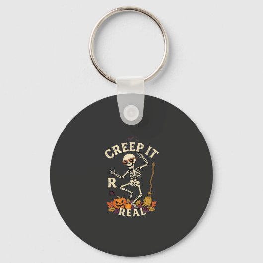 Creep It Real Dansend Skelet Pompoen Bezem_1 Sleutelhanger (Voorkant)