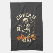 Creep It Real Dansend Skelet Pompoen Bezem_1 Theedoek (Verticaal)