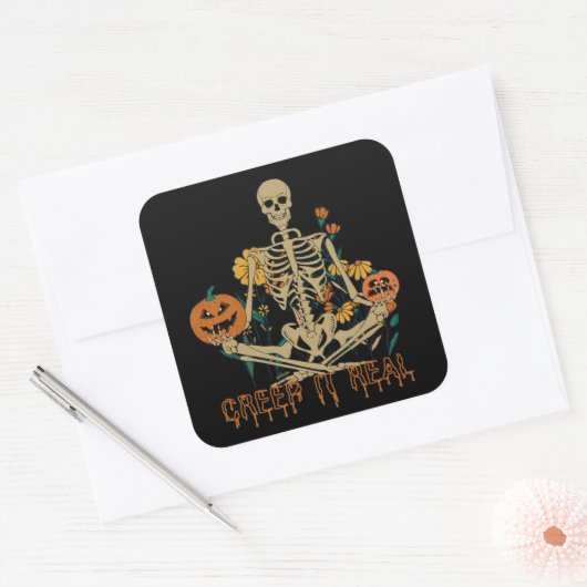 CREEP IT REAL eng Halloween skeletpompoen Vierkante Sticker (Envelop)