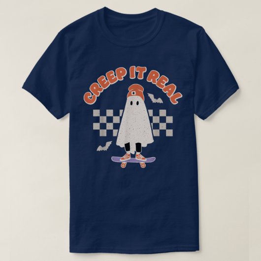 Creep It Real Ghost Skateboard Halloween Bat Check T-shirt (Design voorkant)