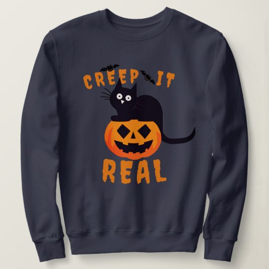 'Creep It Real' Graphic Print Halloween Zwarte Kat Trui (Design voorkant)