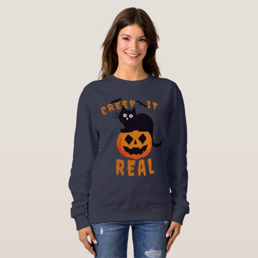 'Creep It Real' Graphic Print Halloween Zwarte Kat Trui (Voorkant volledig)