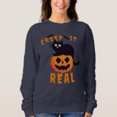 'Creep It Real' Graphic Print Halloween Zwarte Kat Trui (Voorkant)