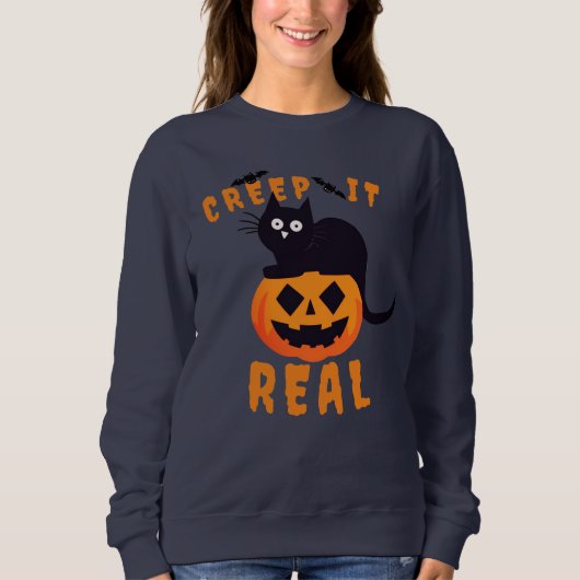 'Creep It Real' Graphic Print Halloween Zwarte Kat Trui (Voorkant)