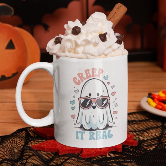Creep It Real" Halloween Mug – Cute Ghost with Sun Koffiemok