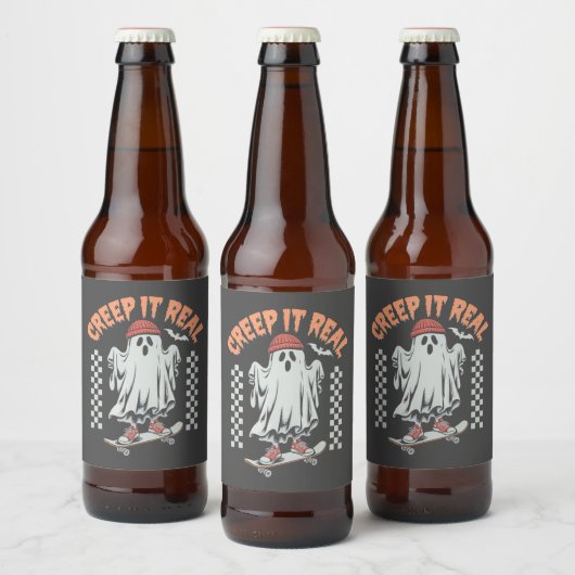 Creep It Real Retro Halloween Schaats Ghost Bier Etiket (Flessen)