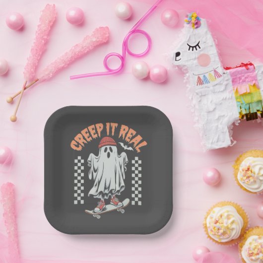Creep It Real Retro Halloween Schaats Ghost Papieren Bordje (Feest)