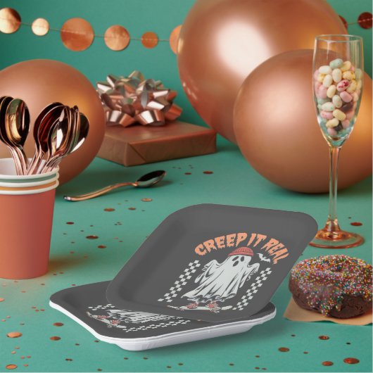 Creep It Real Retro Halloween Schaats Ghost Papieren Bordje (Multi)