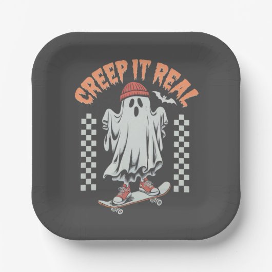 Creep It Real Retro Halloween Schaats Ghost Papieren Bordje (Voorkant)