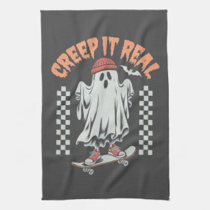 Creep It Real Retro Halloween Schaats Ghost Theedoek