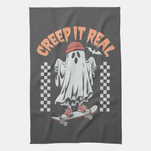 Creep It Real Retro Halloween Schaats Ghost Theedoek (Verticaal)
