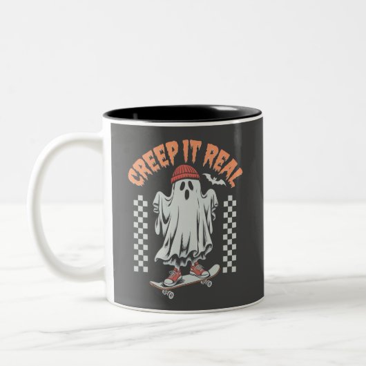 Creep It Real Retro Halloween Schaats Ghost Tweekleurige Koffiemok (Links)