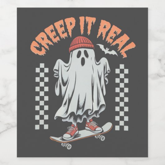 Creep It Real Retro Halloween Schaats Ghost Wijn Etiket (Enkel label)