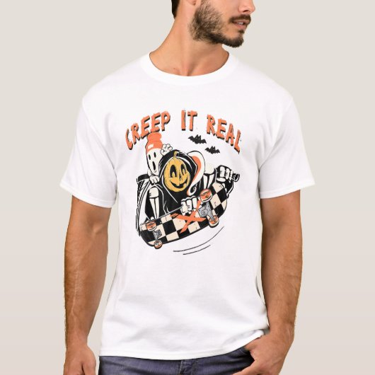 Creep it Real Skater Boy Ghost Pumpkin Skeleton Sk T-shirt (Voorkant)