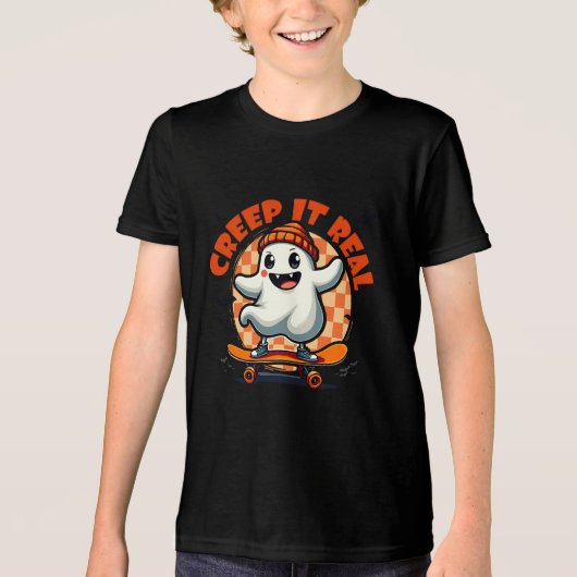Creep it Real Spooky Halloween Ghost Skating Board Tri-Blend Shirt (Voorkant)