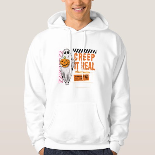 Creep It Real: Zwart en Sinaasappel Spooky Hallowe Hoodie (Voorkant)