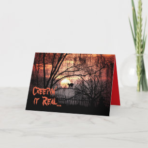 Creepin It Real Zwarte Kat & Oogstmaan Halloween Kaart