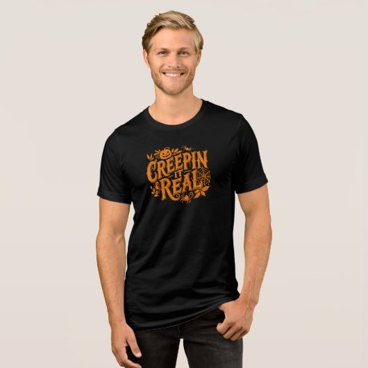 Creeping It Echte Oranje Halloween Retro Tekst Tri-Blend Shirt (Voorkant volledig)