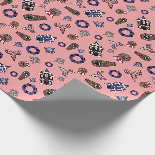 Creepmas Pattern w/ Skulls, Haunted House, Wreaths Cadeaupapier (Hoek)