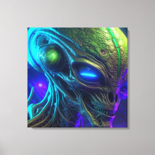 Creepy Alien Head met gloeiende blauwe ogen Canvas Afdruk