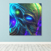Creepy Alien Head met gloeiende blauwe ogen Canvas Afdruk (Insitu (Houten vloer))
