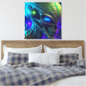 Creepy Alien Head met gloeiende blauwe ogen Canvas Afdruk (Insitu (Slaapkamer))