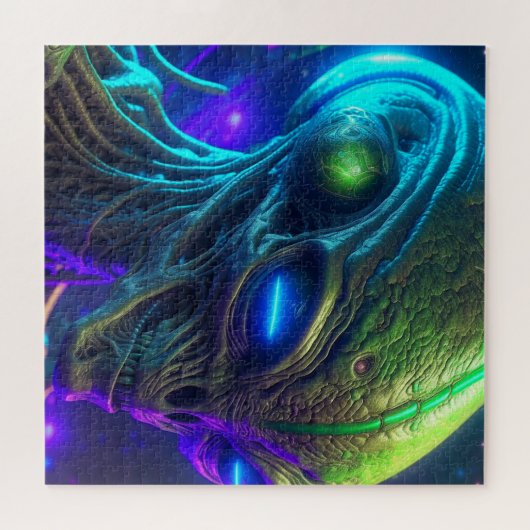 Creepy Alien Head met gloeiende blauwe ogen Legpuzzel (Horizontaal)