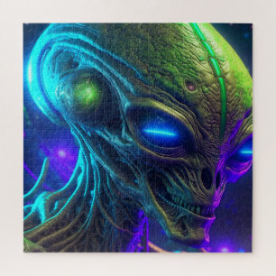 Creepy Alien Head met gloeiende blauwe ogen Legpuzzel