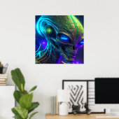 Creepy Alien Head met gloeiende blauwe ogen Poster (Thuiskantoor)