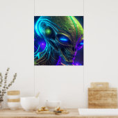 Creepy Alien Head met gloeiende blauwe ogen Poster (Keuken)