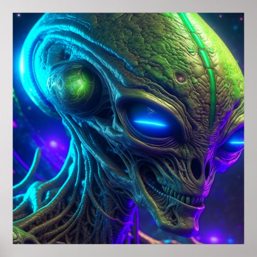 Creepy Alien Head met gloeiende blauwe ogen Poster (Voorkant)