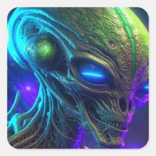 Creepy Alien Head met gloeiende blauwe ogen Vierkante Sticker