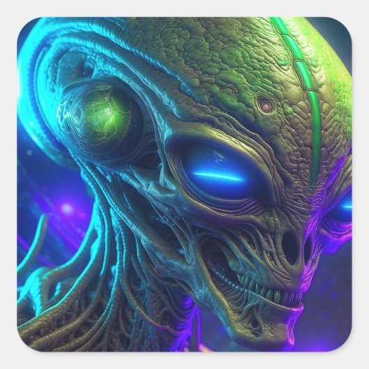 Creepy Alien Head met gloeiende blauwe ogen Vierkante Sticker (Voorkant)