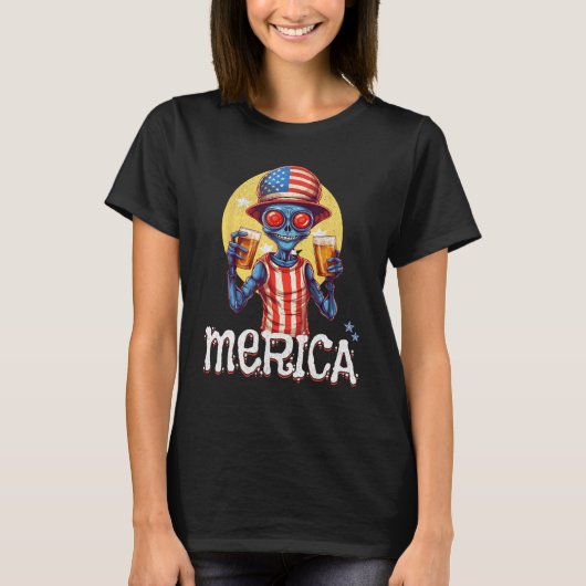 Creepy Alien July 4th Drinking Beer Merica USA T-shirt (Voorkant)