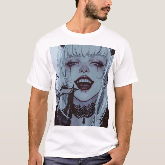 Creepy anime meisje met wit haar en verontrustende t-shirt (Voorkant)