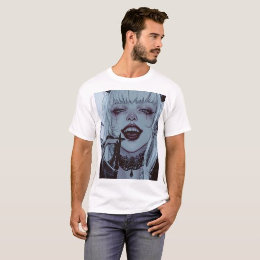 Creepy anime meisje met wit haar en verontrustende t-shirt (Voorkant volledig)