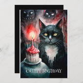 Creepy B-day kat met taart en spookachtige wezens Feestdagenkaart (Voorkant / Achterkant)