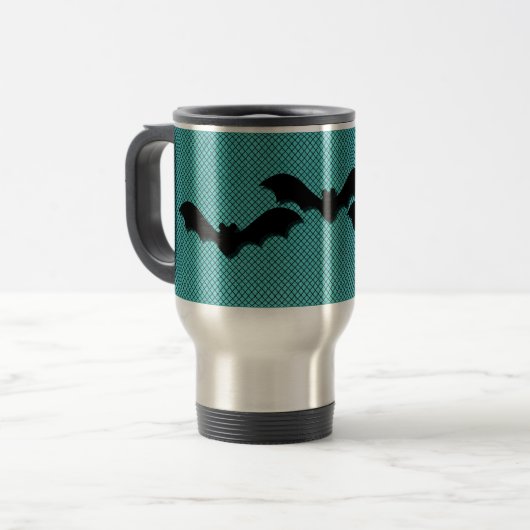 Creepy Bats Halloween Mok, Blauwgroen Reisbeker (Voorkant links)