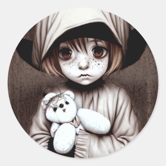 Creepy Big Eyed Boy met Teddy Bear Halloween Ronde Sticker (Voorkant)