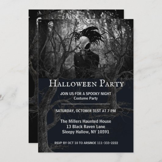 Creepy Bird Skull Halloween Party Invitation Kaart (Voorkant / Achterkant)