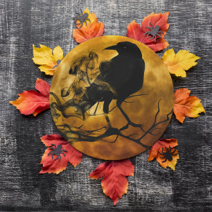 Creepy Black Raven in Dead Tree Halloween Papieren Bordje