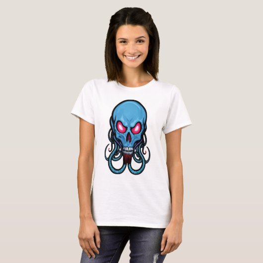 Creepy Blue Gothic gestileerde tentakel schedel li T-shirt (Voorkant volledig)
