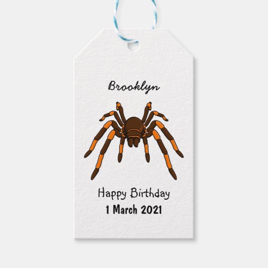 Creepy brown en oranje tarantula spider cartoon cadeaulabel (Voorkant)